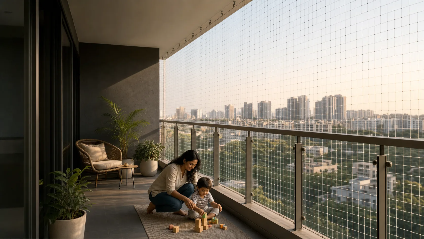 Safety Nets — Knotted HDPE netting for balconies, ducts, staircases and open shafts.