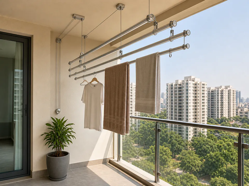 Ceiling cloth hanger fitted on a balcony, rails lowered