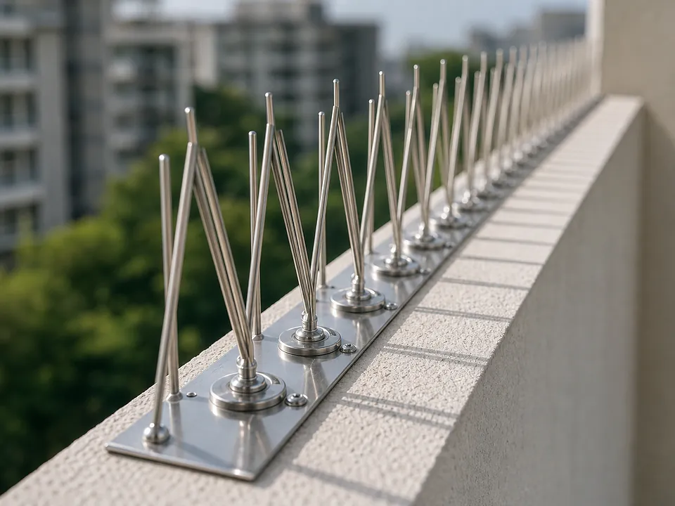Stainless bird spikes fitted along a parapet ledge