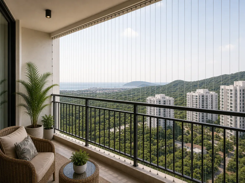 Balcony net overlooking the hills, seen from inside the room