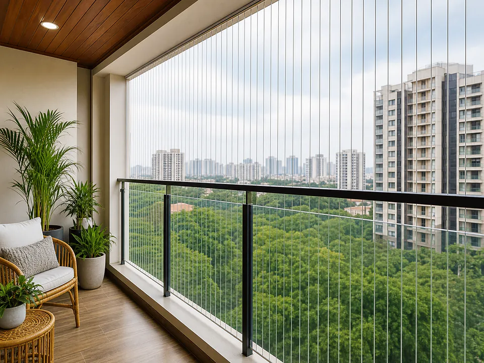 Balcony Invisible Grills — Tensioned steel cable across the balcony opening — full fall protection, almost no visual obstruction.